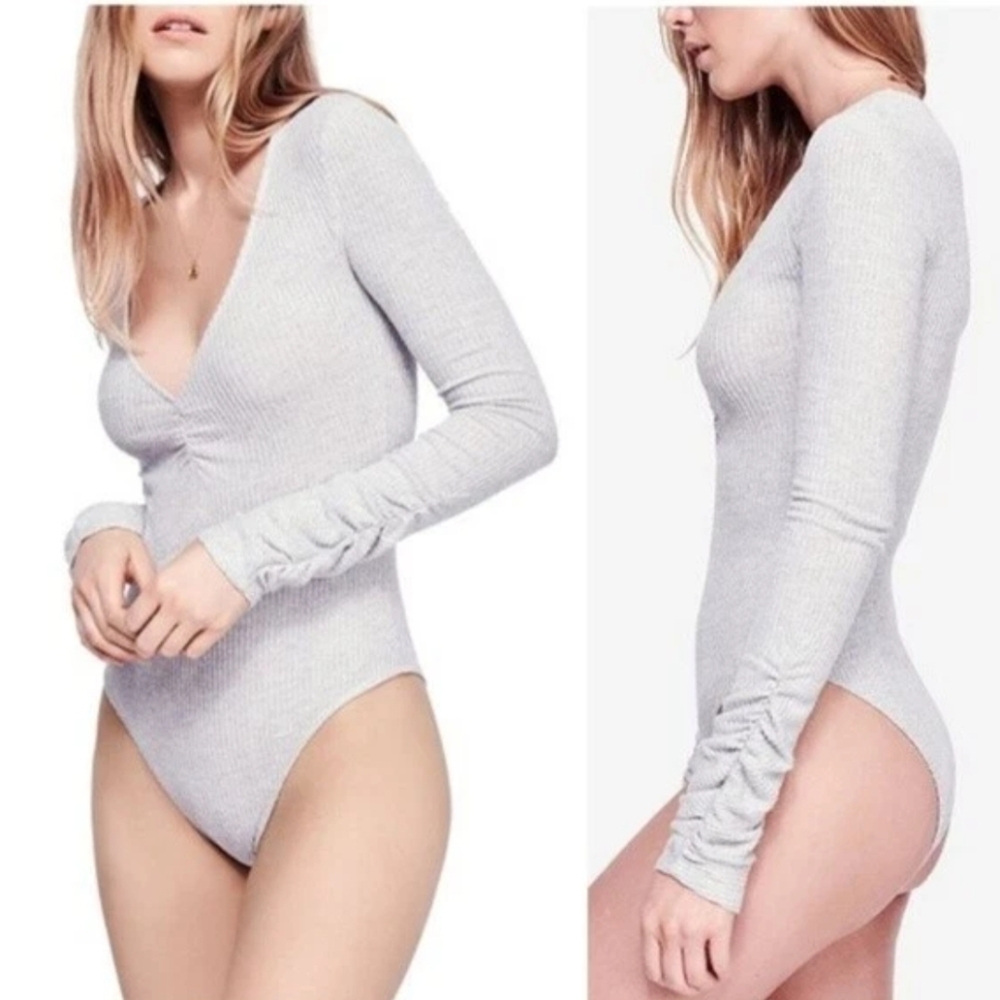 Free People Cream Long Sleeve Low Cut Bodysuit